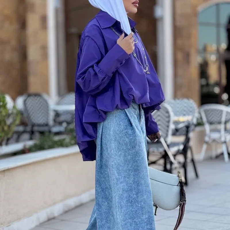 Женская однотонная рубашка с отложными рукавами-фонариками - Фотография_5