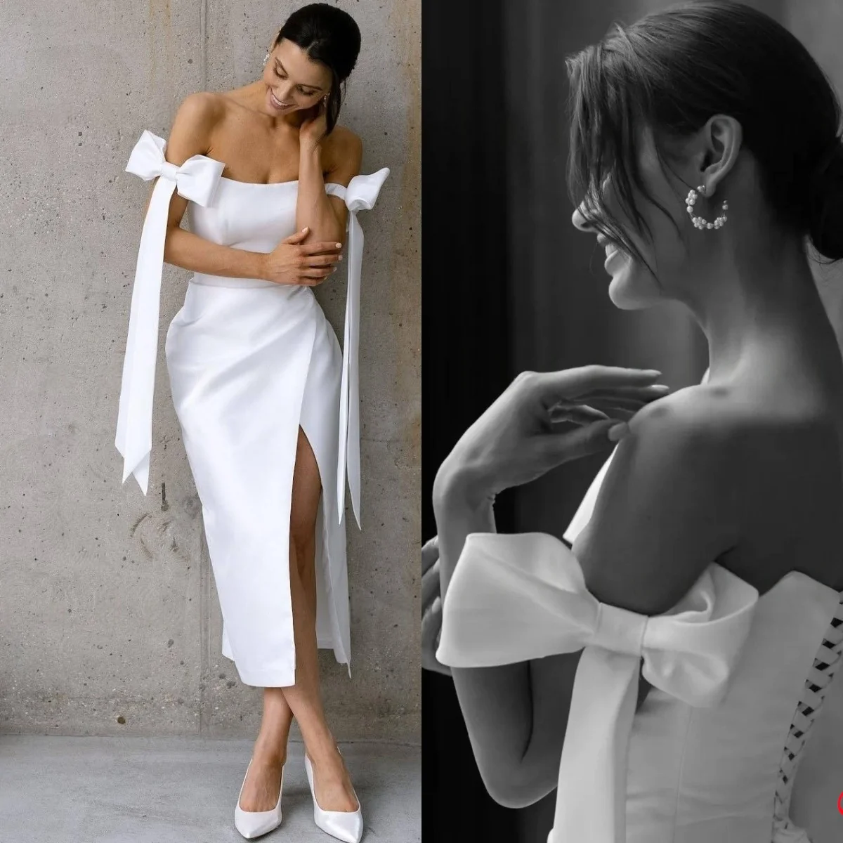 Белое атласное современное свадебное