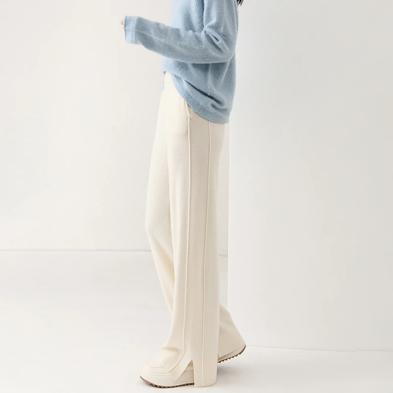 Women wool wide leg trousers elastic - Фотография_6