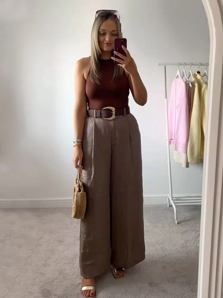 Hh женские новые модные однотонные брюки с поясом и морщинами - Фотография_4