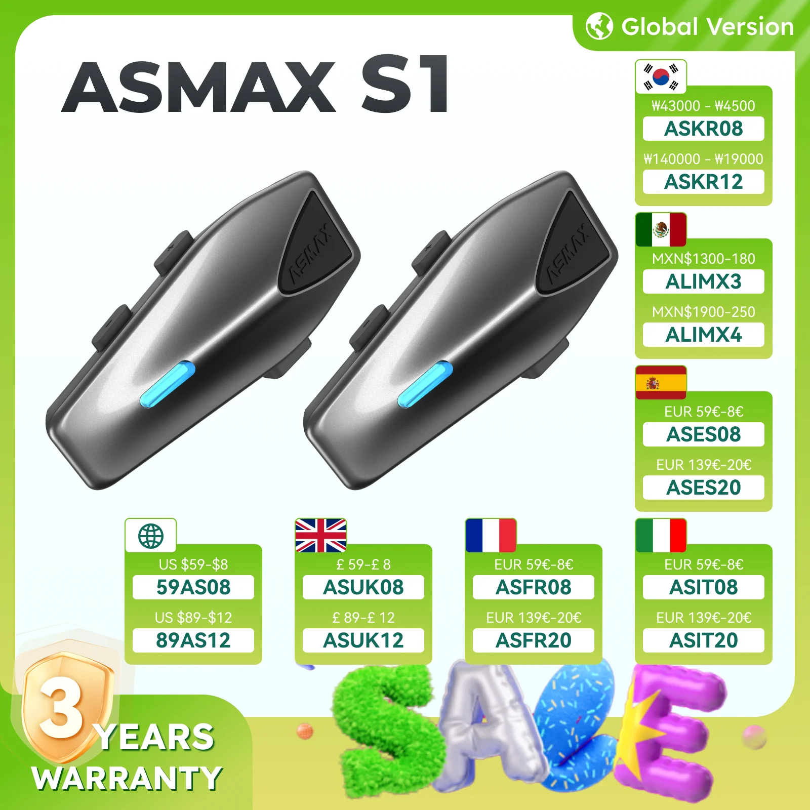 Asmax s1 bluetooth мотоциклетная гарнитура для шлема