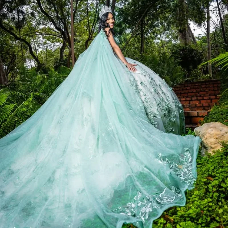 Индивидуальные мятно-зеленые платья quinceanera с открытыми плечами - Фотография_2