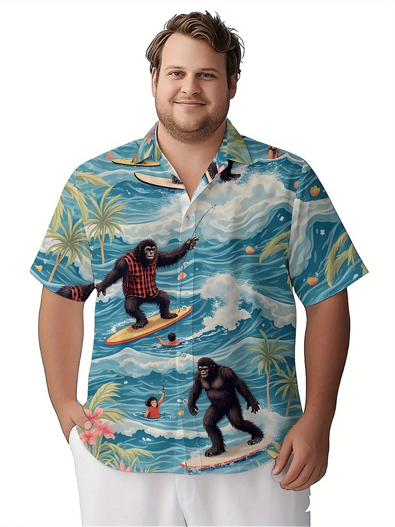 Мужские гавайские рубашки больших размеров с рисунком гориллы для серфинга - Фотография_5