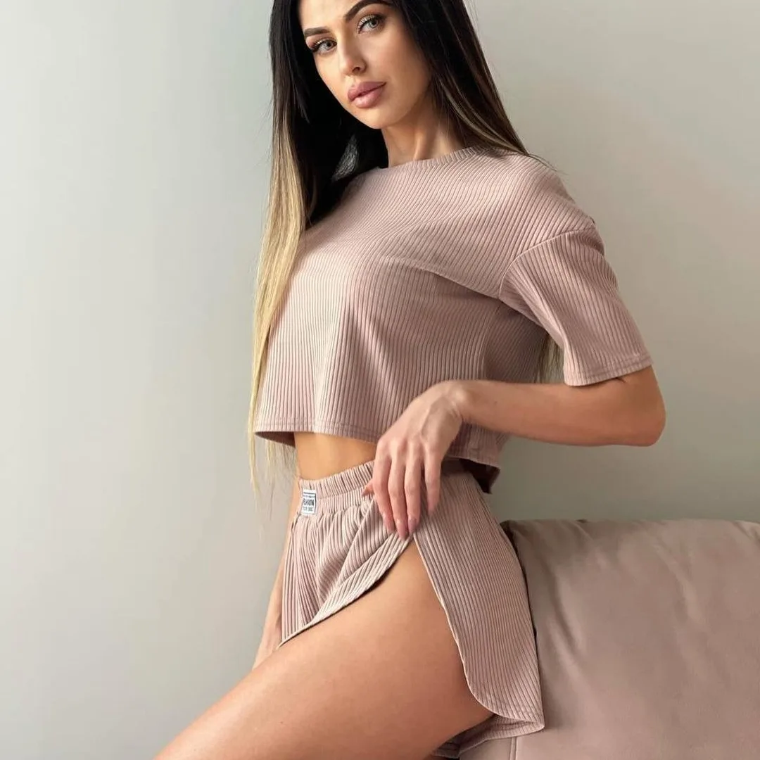 Женский однотонный пижамный комплект - Фотография_4