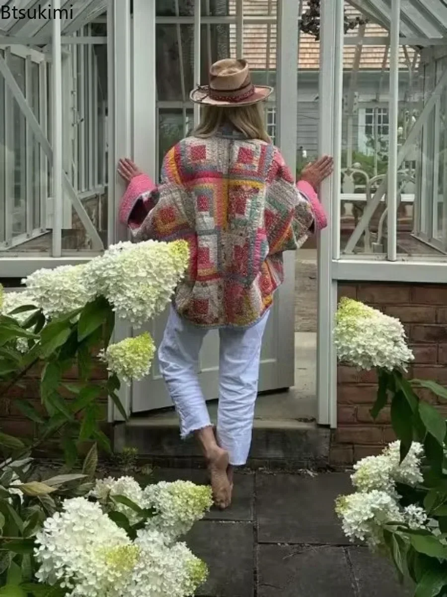 Женские розовые винтажные лоскутные хлопковые пальто с принтом - Фотография_5