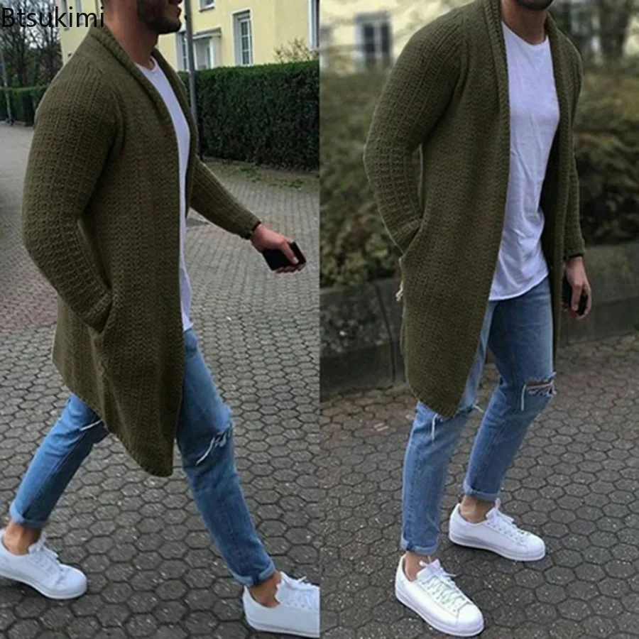 Мужской приталенный длинный вязаный кардиган - Фотография_4
