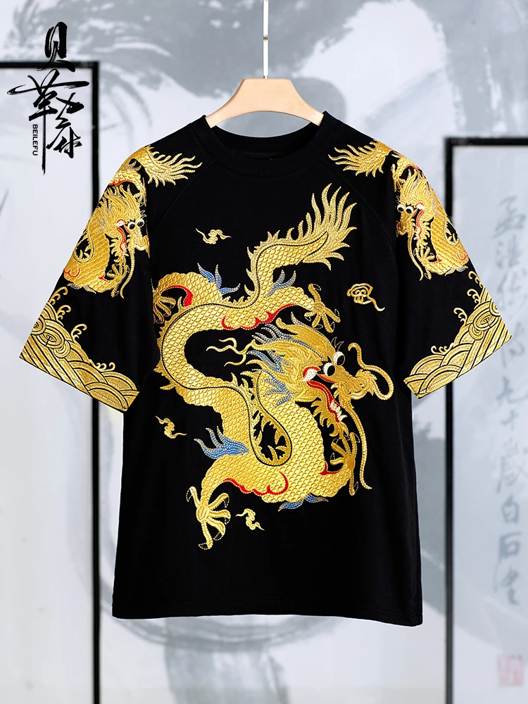 Мужская футболка в китайском стиле с золотым драконом и вышивкой - Фотография_5
