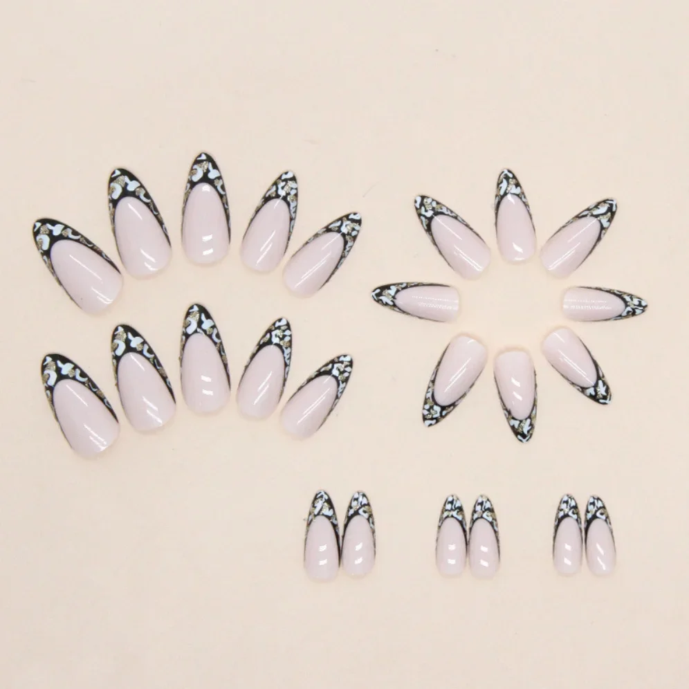 Черные леопардовые миндалевидные накладные ногти - Фотография_3