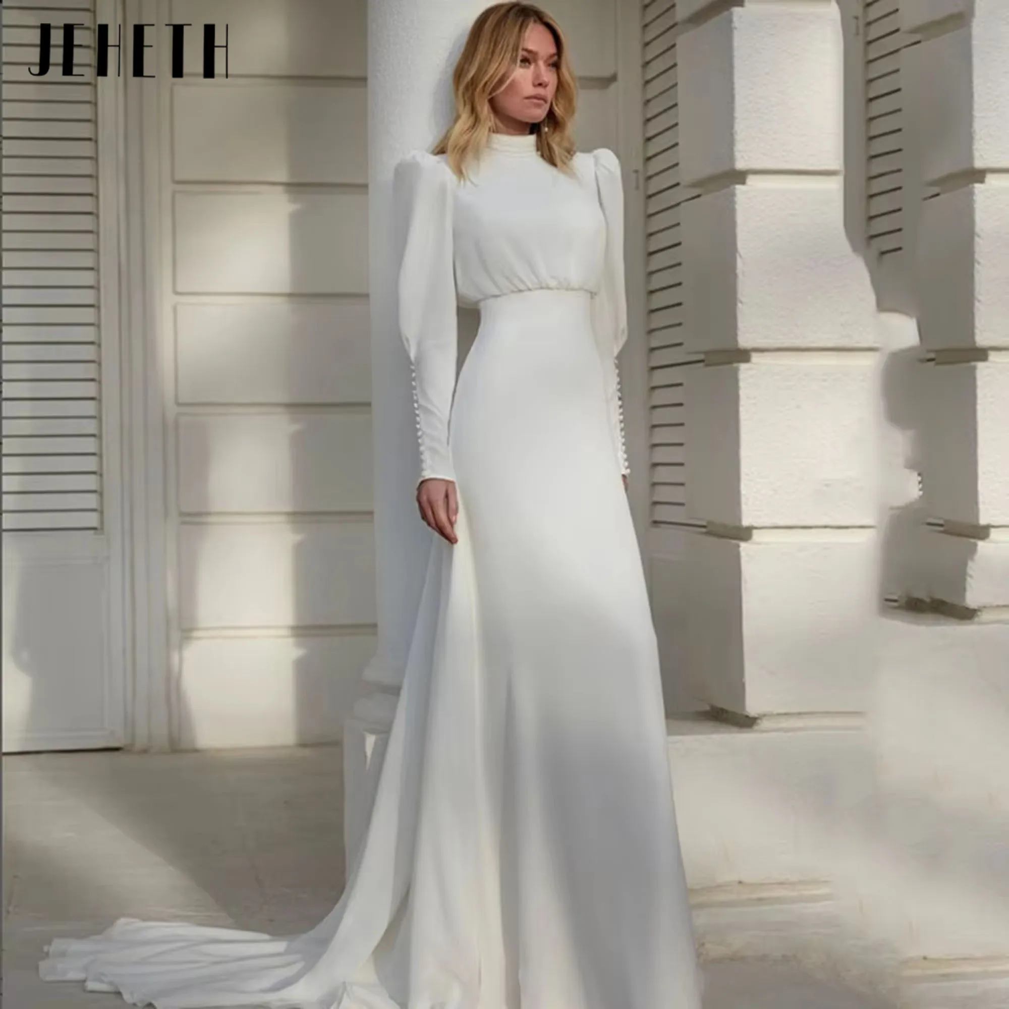 Jeheth белые шифоновые свадебные платья с высоким воротом