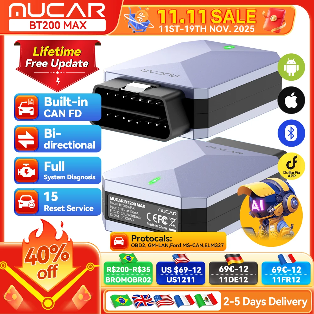 Mucar bt200 max obd2 сканер can fd