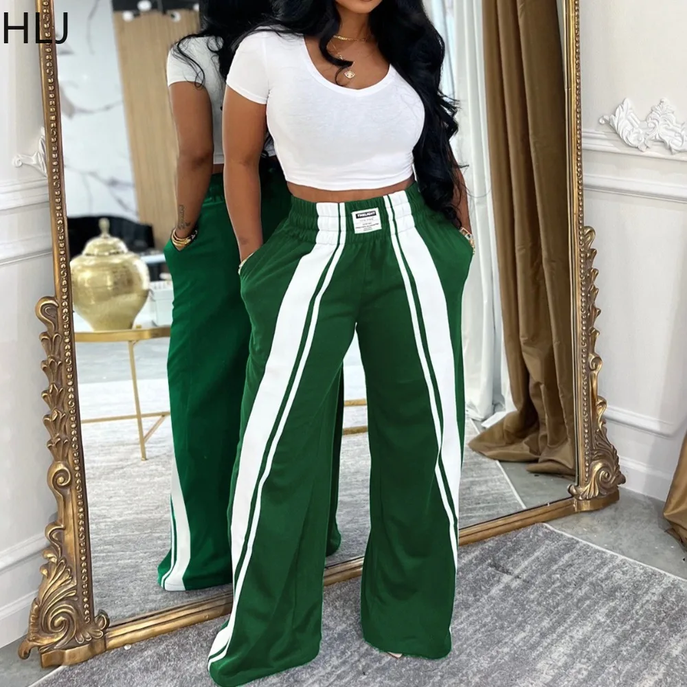 Hlj модные полосатые лоскутные прямые брюки для женщин - Фотография_2