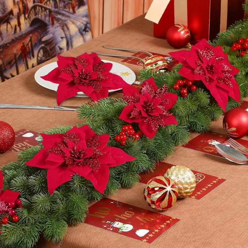 Большие блестящие искусственные рождественские цветы с зажимами - Фотография_5