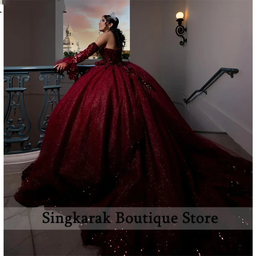 Блестящее винно-красное платье quinceanera sweet 16 - Фотография_5
