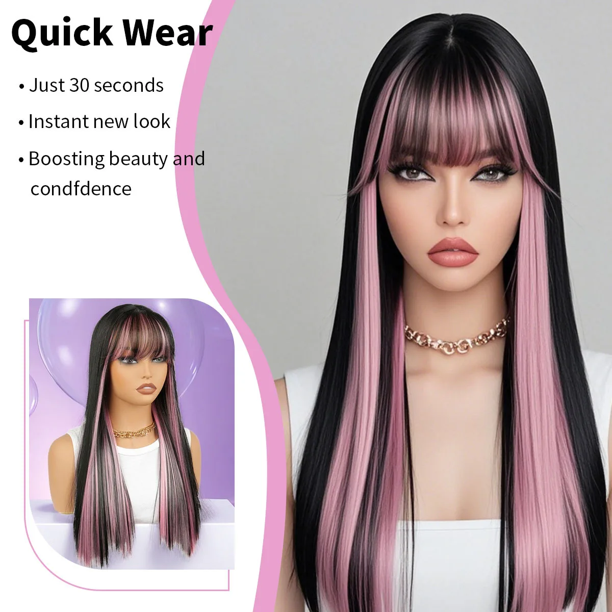 Длинные прямые парики с челкой для женщин - Фотография_2