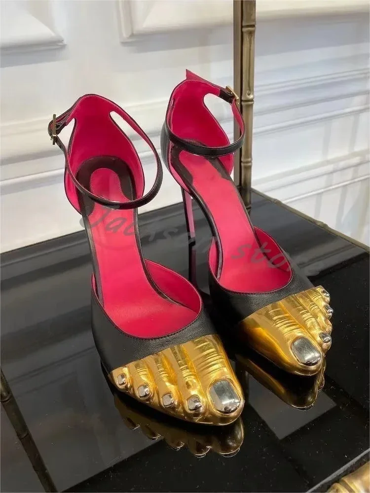 Модные золотые туфли-лодочки на высоком каблуке с пятью пальцами - Фотография_4