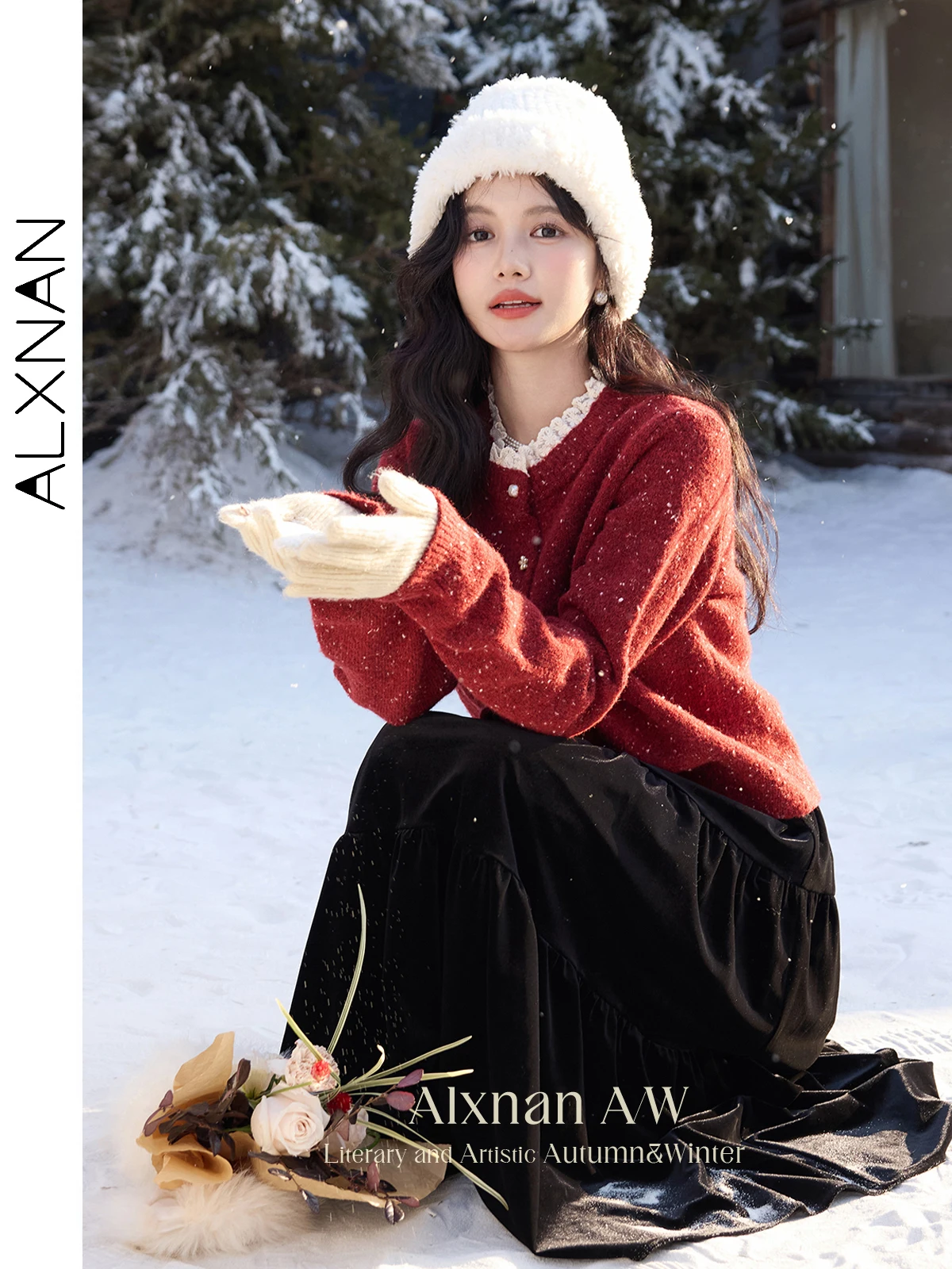 Alxnan красный кардиган с кружевным воротником - Фотография_4