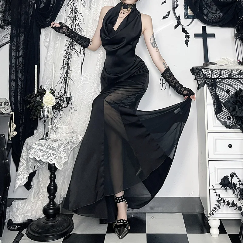 Goth dark mall goth однотонное длинное платье с лямкой на шее - Фотография_4