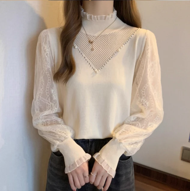 Большой размер, кружевная рубашка с длинным рукавом и полуводолазкой - Фотография_4