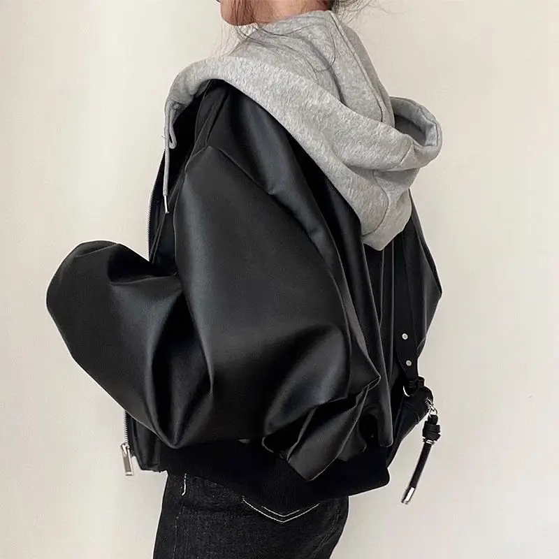 Модная весенне-осенняя женская кожаная куртка с капюшоном - Фотография_5