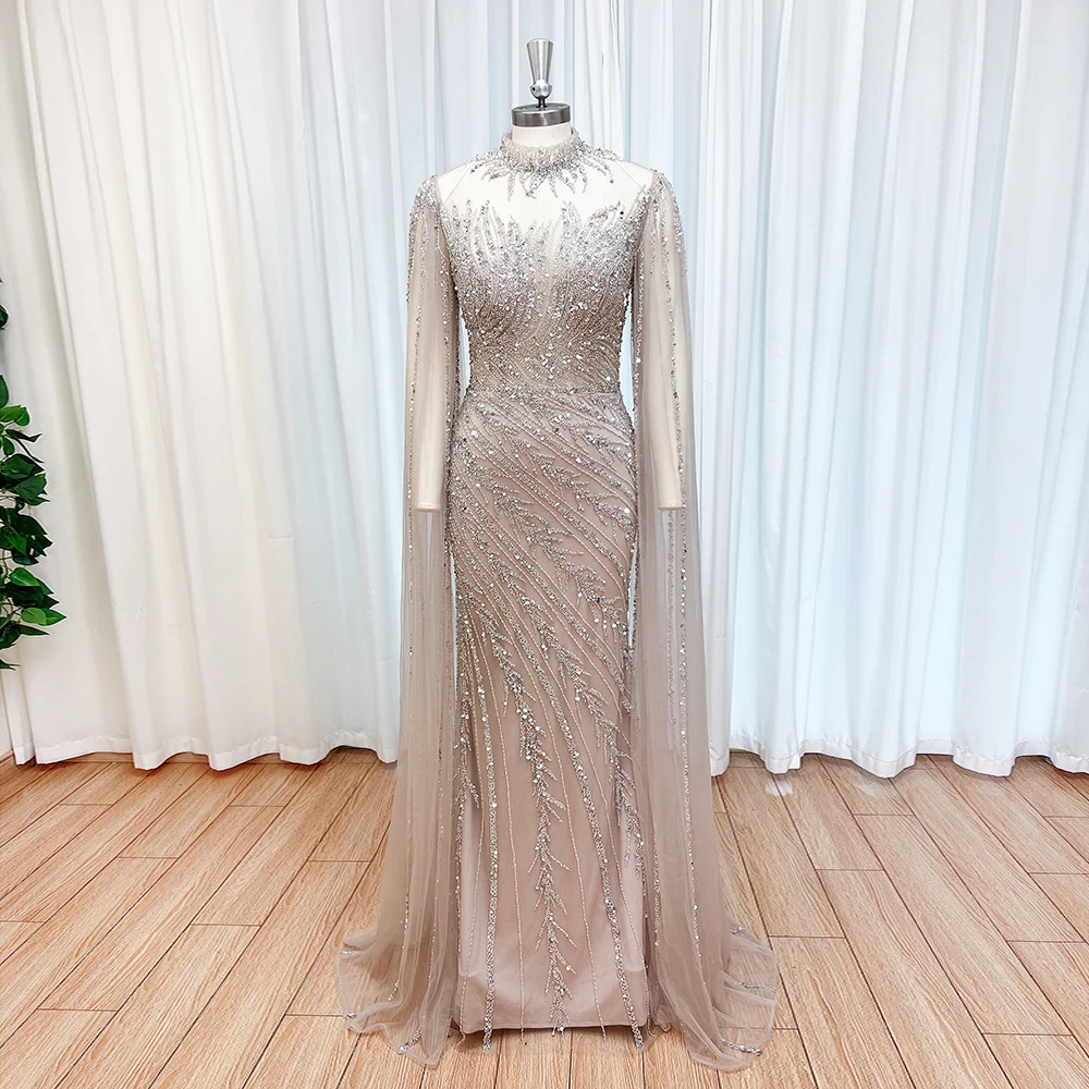 Роскошное вечернее платье русалки с накидкой на рукавах для женщин - Фотография_5