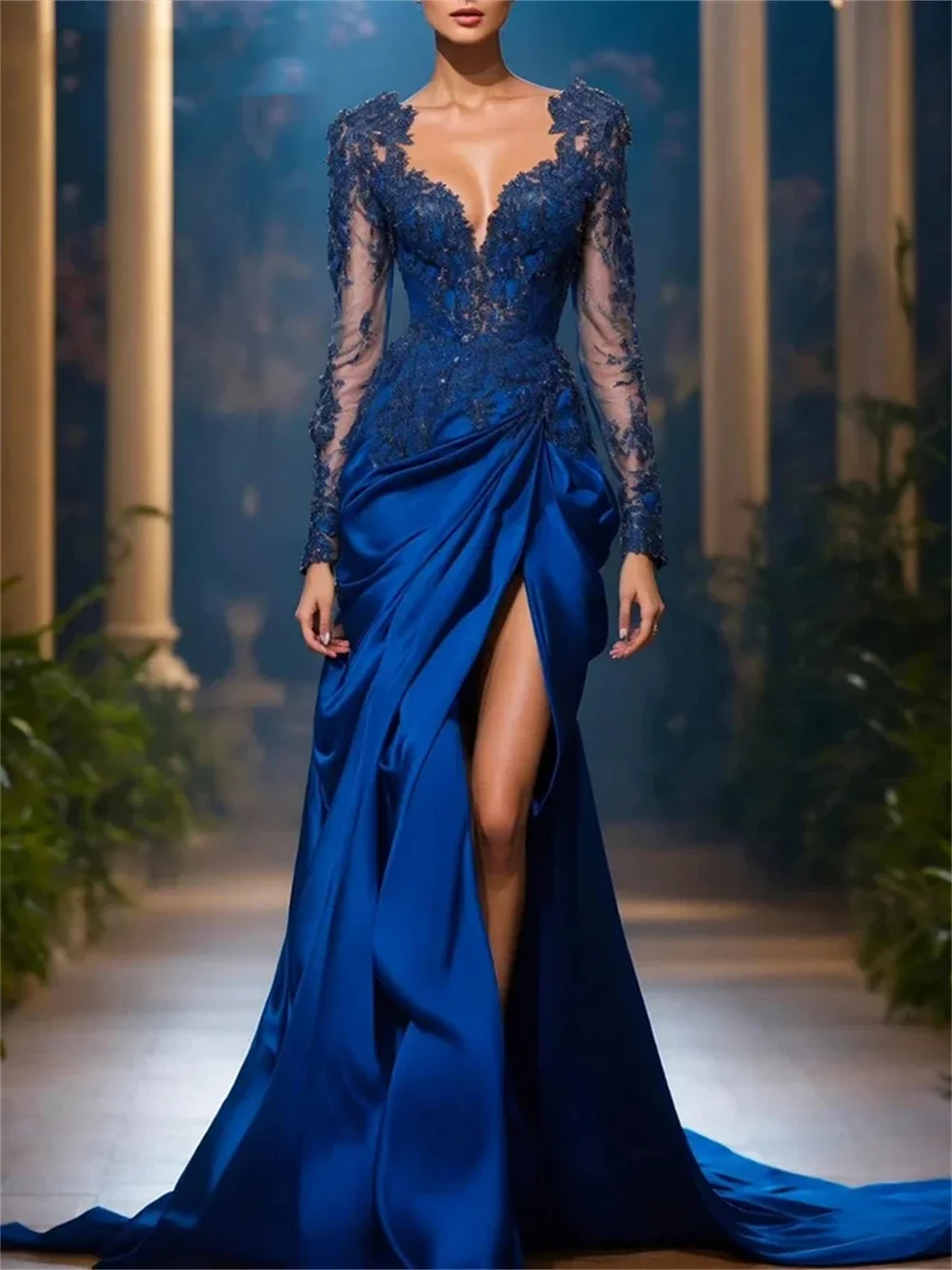 Новое роскошное кружевное вечернее платье с аппликацией и длинным рукавом