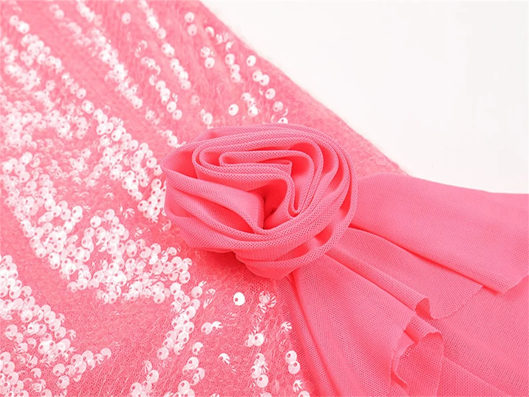 Женское блестящее розовое пляжное платье с высоким и низким вырезом - Фотография_5
