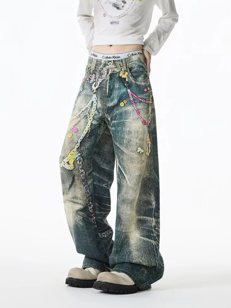 Женские джинсовые брюки с цепочкой в стиле ретро - Фотография_2