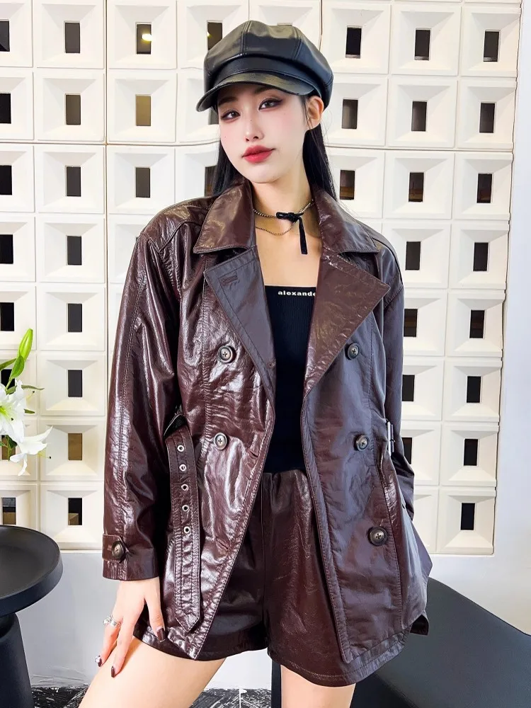 Винтажная осенняя женская двубортная куртка с поясом - Фотография_3