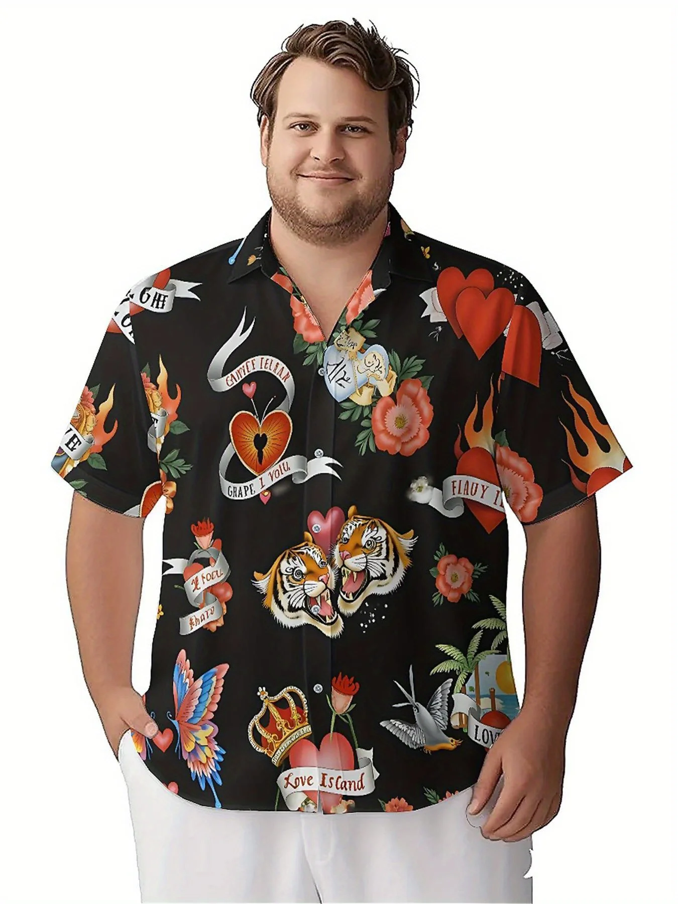 Мужские гавайские рубашки больших размеров с рисунком пламя и крыльев - Фотография_5