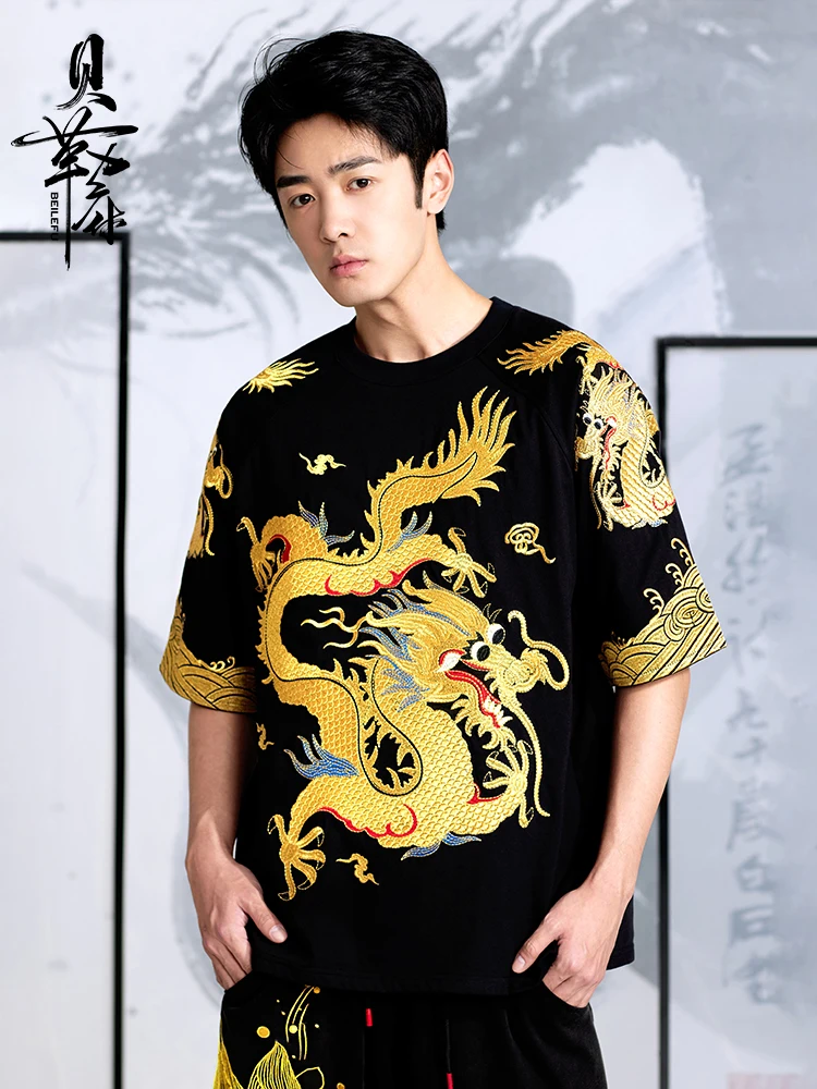 Мужская футболка в китайском стиле с золотым драконом и вышивкой - Фотография_3