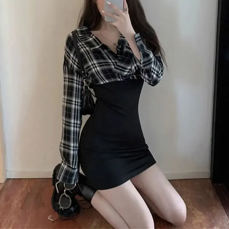 Корейские клетчатые модные лоскутные платья