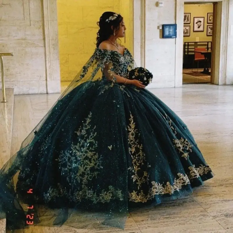 Lorencia emerald green shiny quinceanera