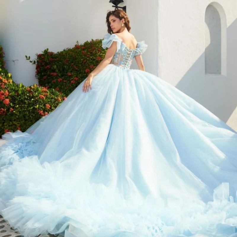 Небесно-голубое блестящее платье quinceanera с открытыми плечами - Фотография_4