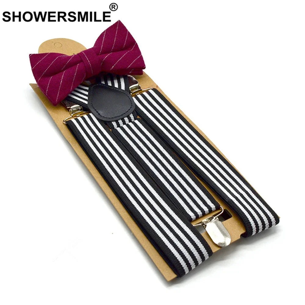 Showersmile, черно-белый полосатый комплект подтяжек с галстуком-бабочкой - Фотография_3