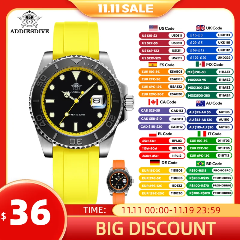 Addiesdive часы с вращающимся безелем для мужчин