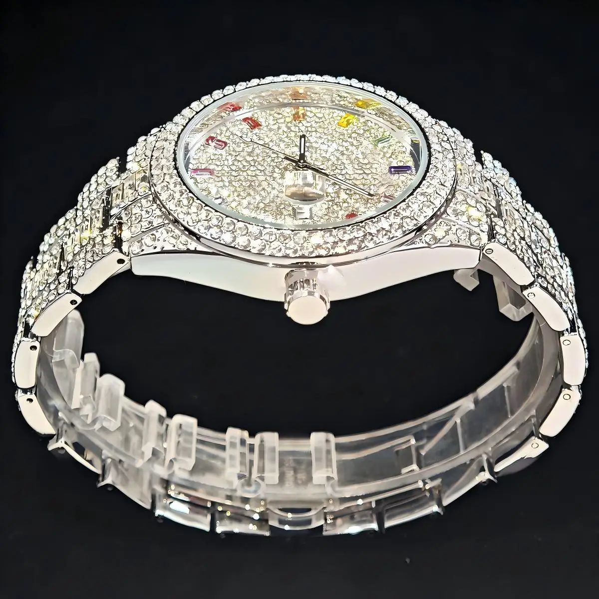 Горячие роскошные брендовые мужские круглые часы со льдом - Фотография_5