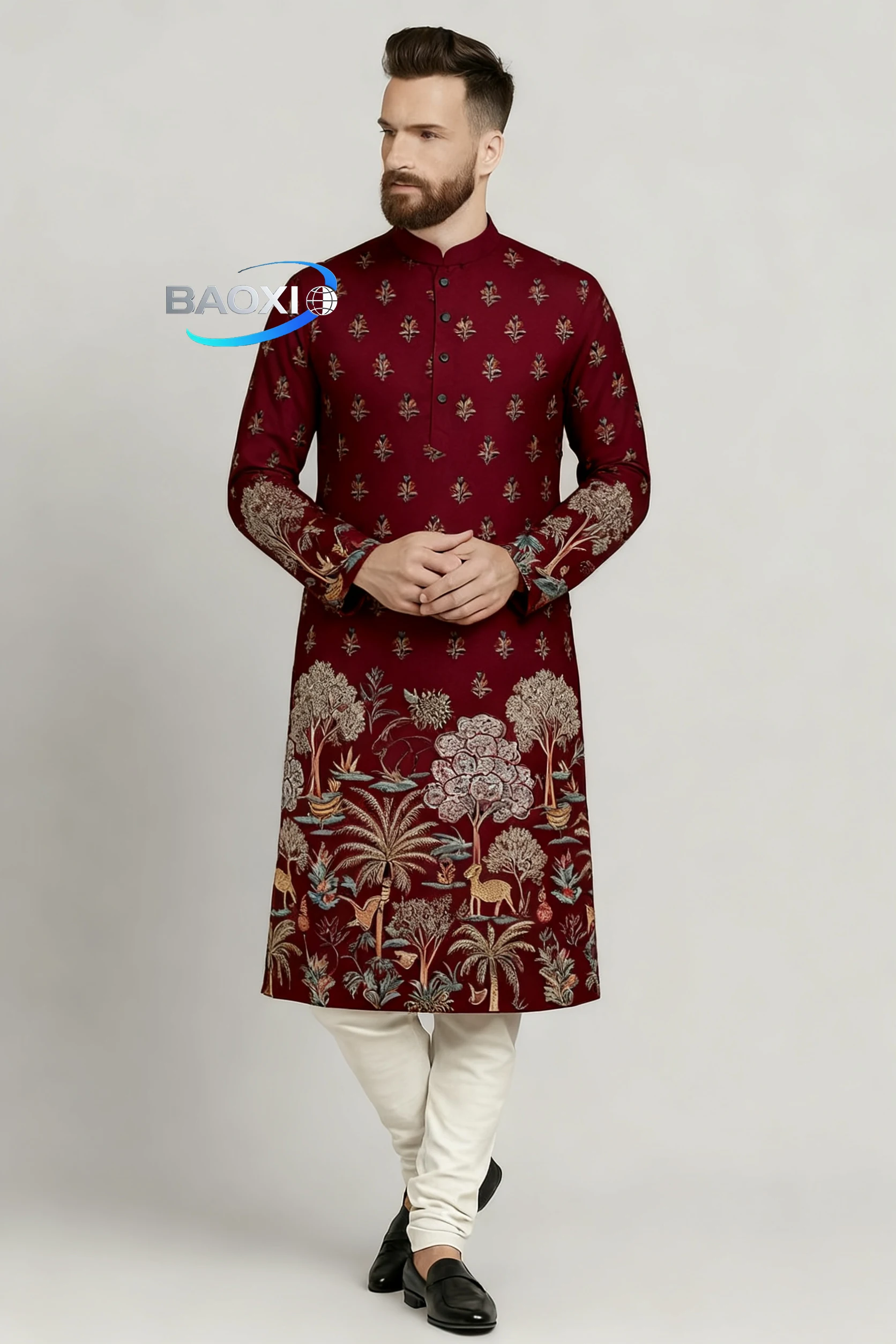 Мужской модный и удобный длинный халат курта сердце с принтом - Фотография_2