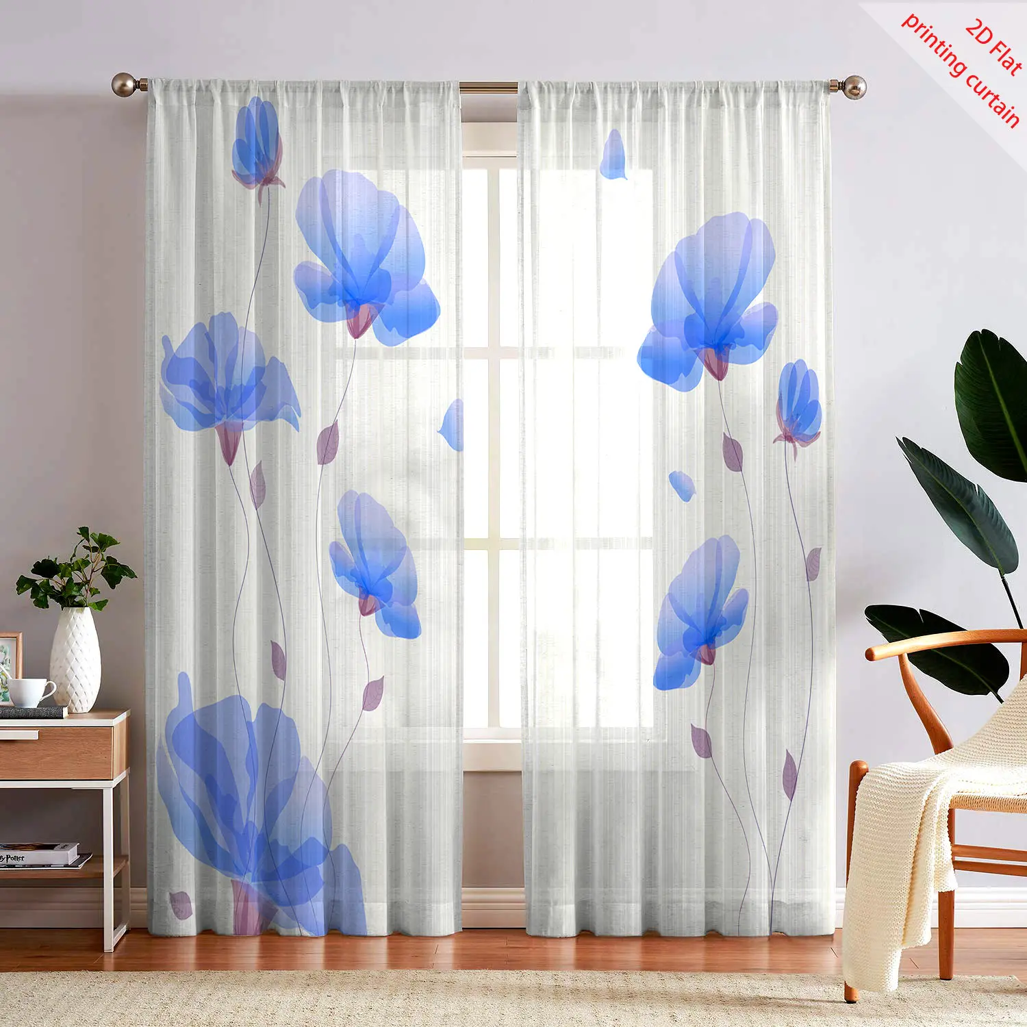 Прозрачная марлевая занавеска с розовым тюльпаном - Фотография_6