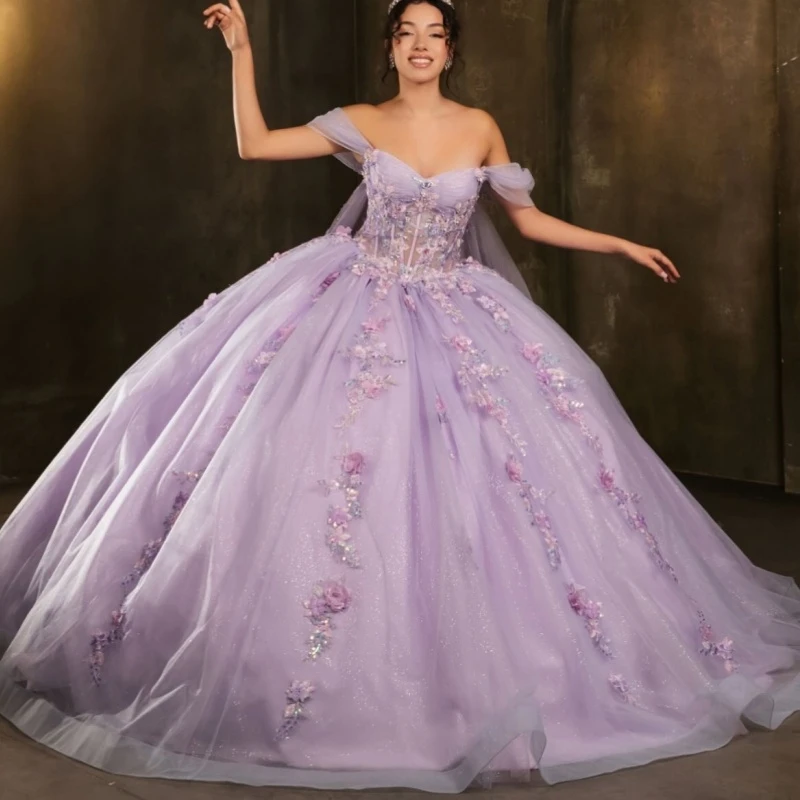 Сиреневое платье принцессы quinceanera с открытыми плечами