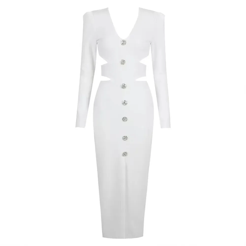 Женское бандажное платье миди с v-образным вырезом и разрезом - Фотография_3