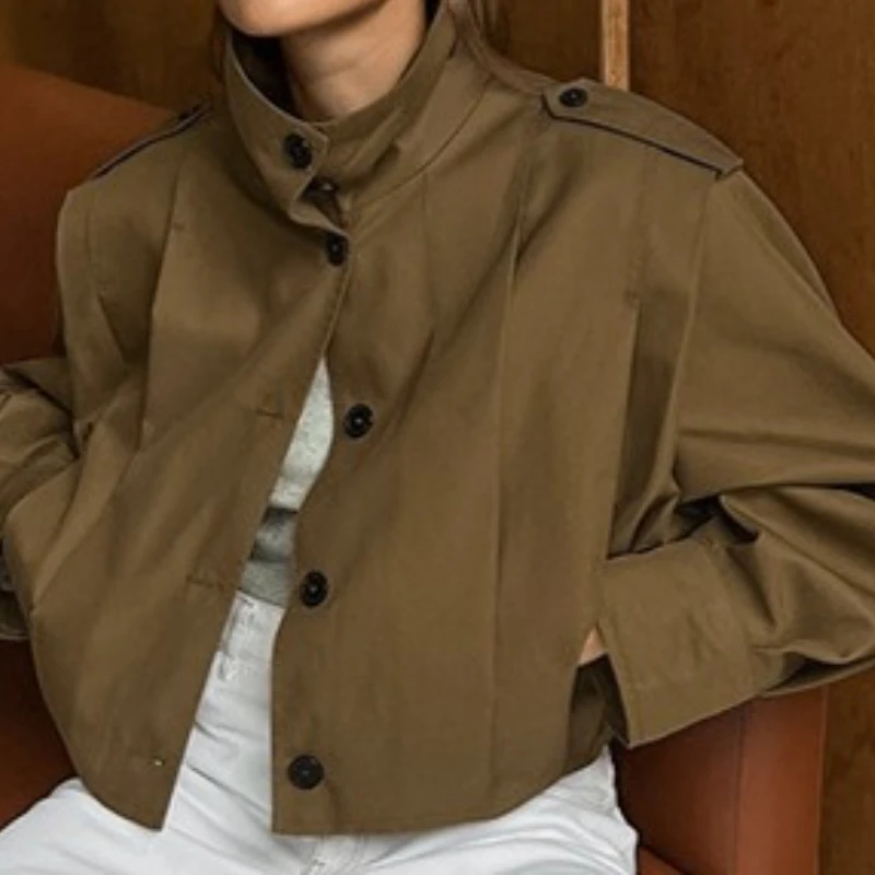 Куртка цвета хаки с воротником простого и элегантного однобортного дизайна