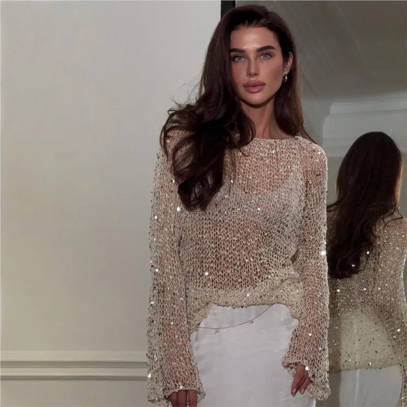 Модные сексуальные прозрачные блестящие топы с вырезами