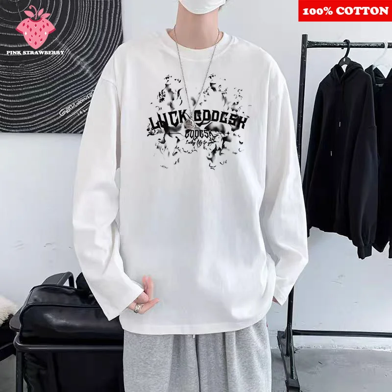 Белая футболка с длинным рукавом в корейском стиле для мужчин