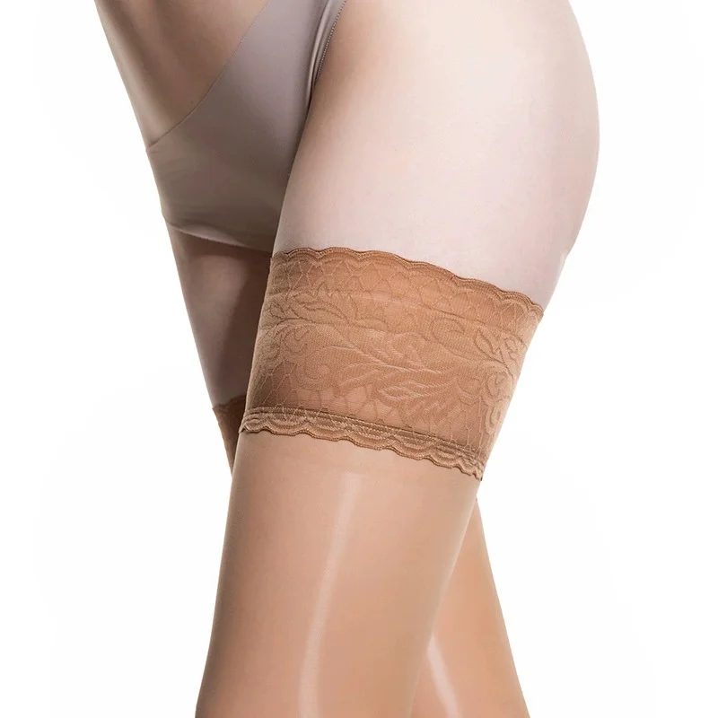 Летние масляные глянцевые силиконовые чулки с цветочным кружевом