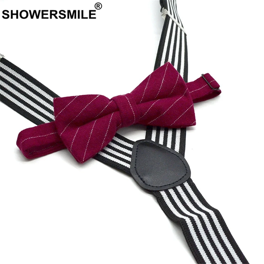 Showersmile, черно-белый полосатый комплект подтяжек с галстуком-бабочкой - Фотография_2