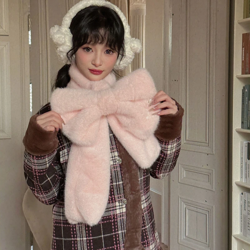 Зимний плюшевый шарф с большим бантом для девочек - Фотография_3