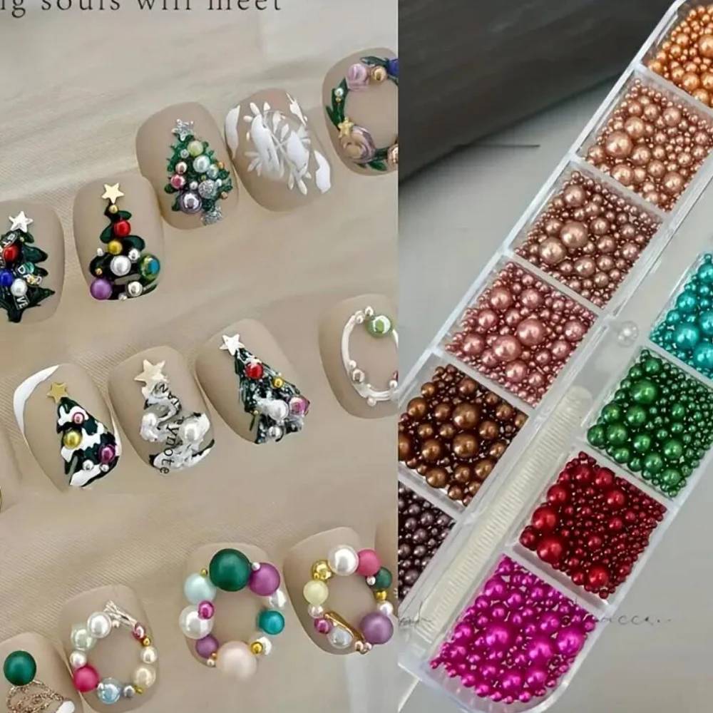 12 сеток, рождественские красные/зеленые жемчужные стразы для ногтей - Фотография_4