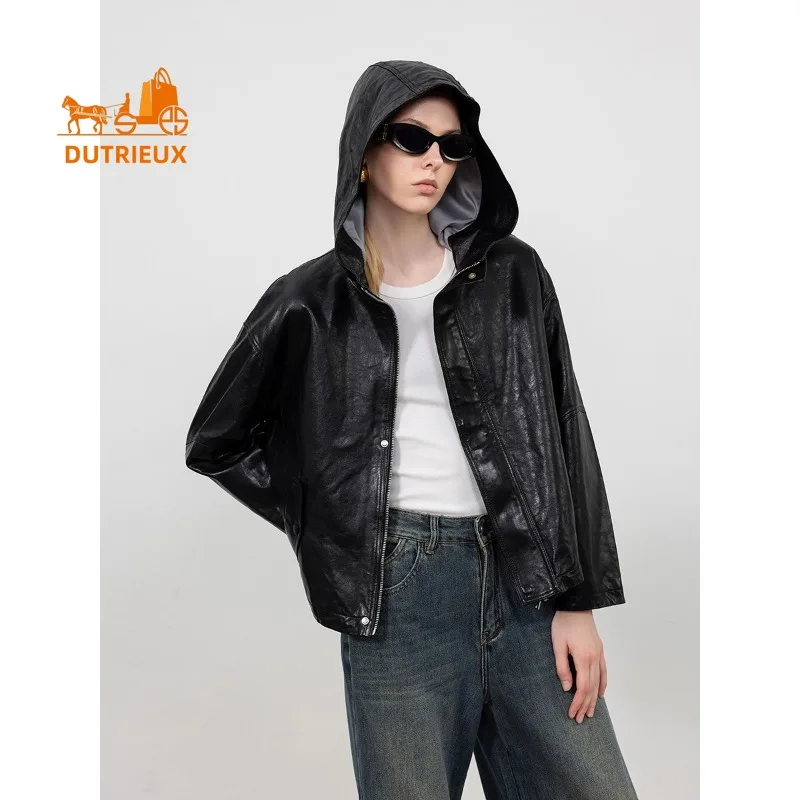 Осенне-зимняя женская свободная короткая кожаная куртка с капюшоном - Фотография_4