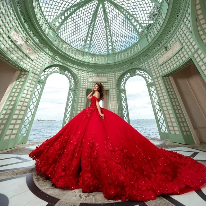 Красное платье quinceanera с открытыми плечами по индивидуальному заказу