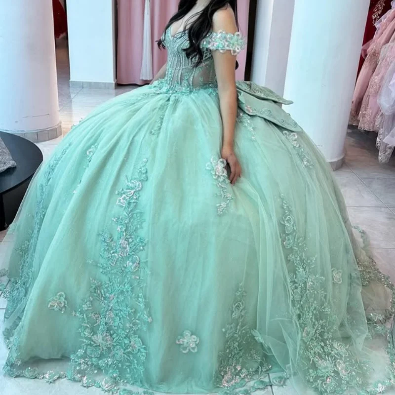 Индивидуальные мятно-зеленые платья quinceanera с открытыми плечами - Фотография_3